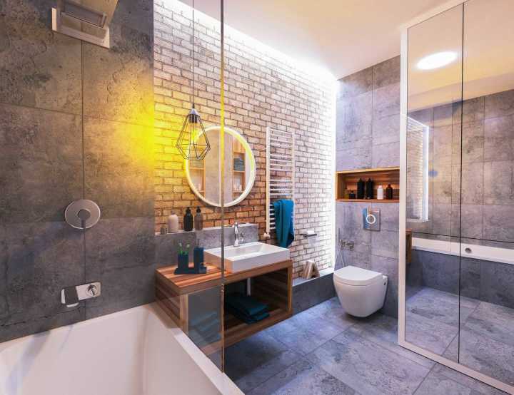 Phòng tắm với tông màu xám và trắng